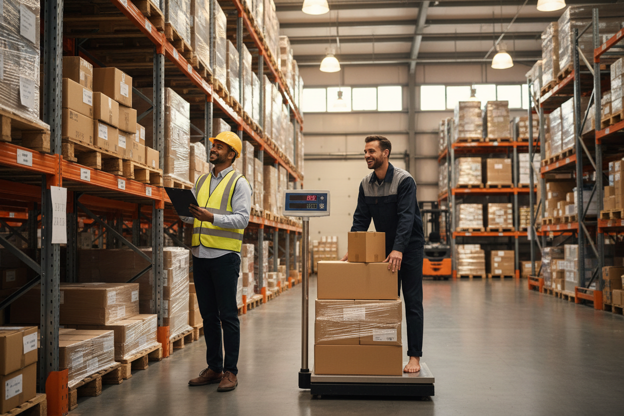 Two happy men working in a warehouse